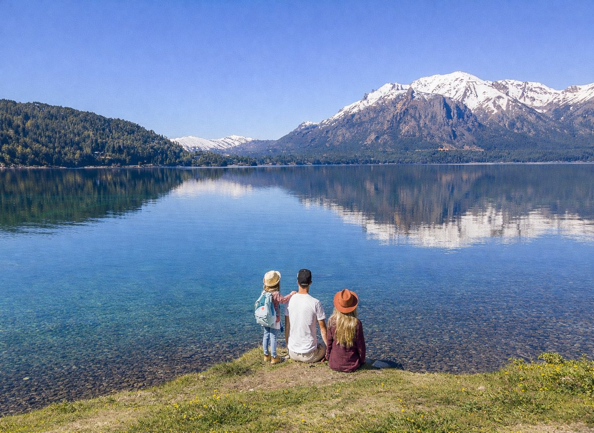 Family looking at the lakes and forests in Bariloche