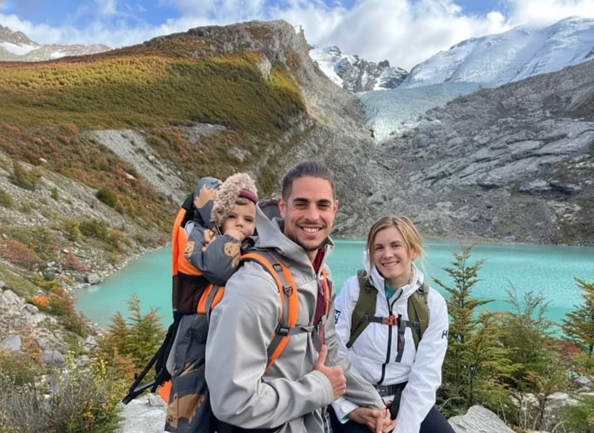 Family carrying a baby near the glaciers in El Calafate