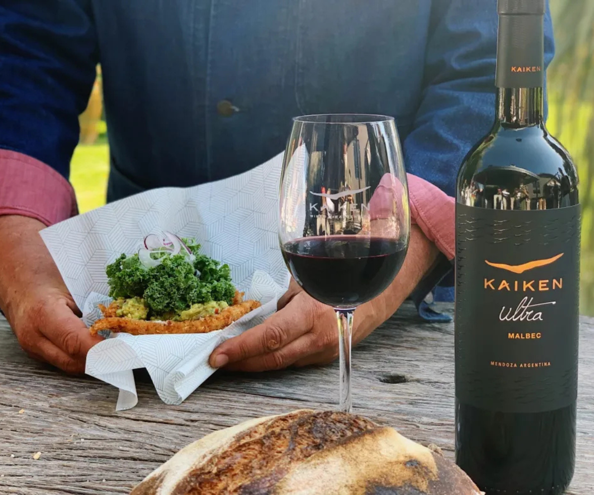 Person holding a glass of Malbec wine and a gourmet local dish in a Mendoza vineyard at sunset.